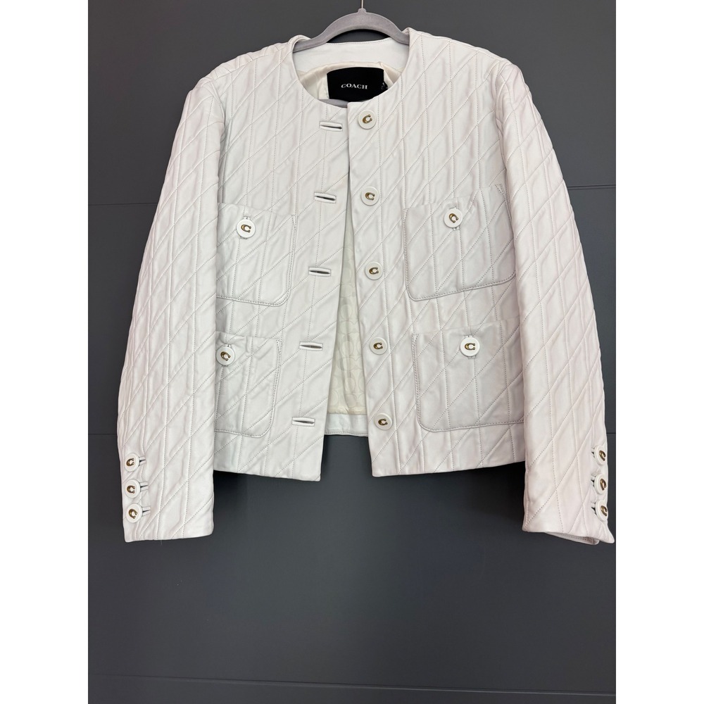 Coach White Quilted Leather Jacket Women S Logo Buttons Diamond Stitch New